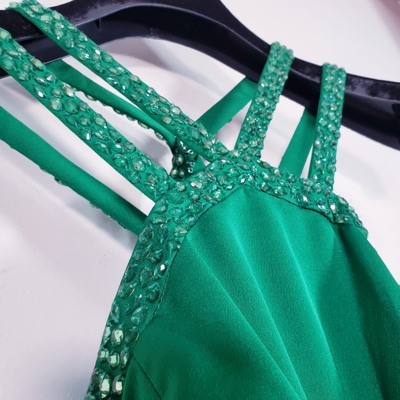 NWT LA FEMME High Halter Beaded Sheath Satin Gown - Picture 6 of 12